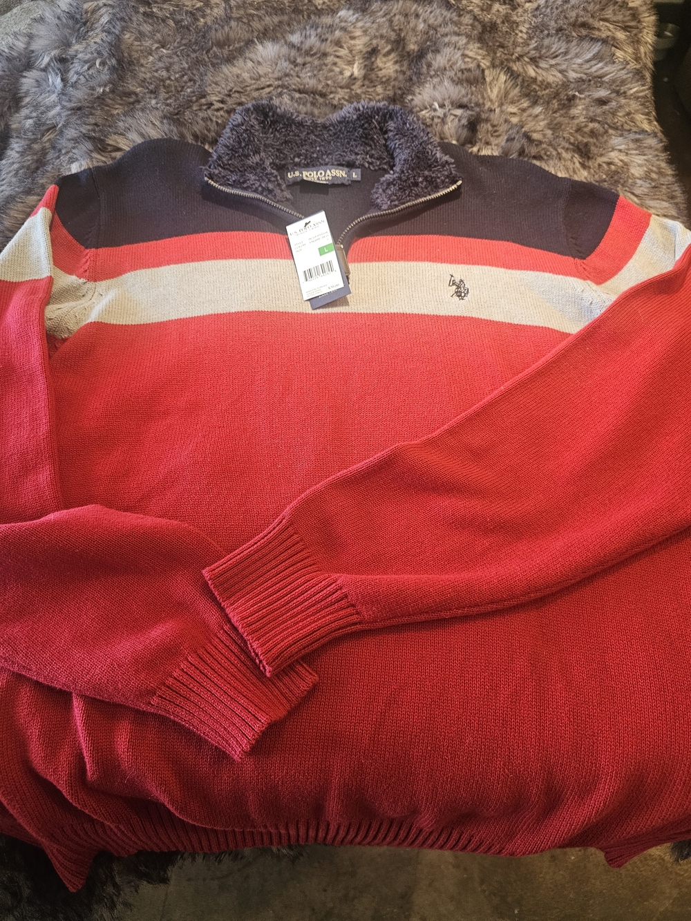 U.S. Polo Assn. Red Navy Gray Striped Half-Zip Sweater